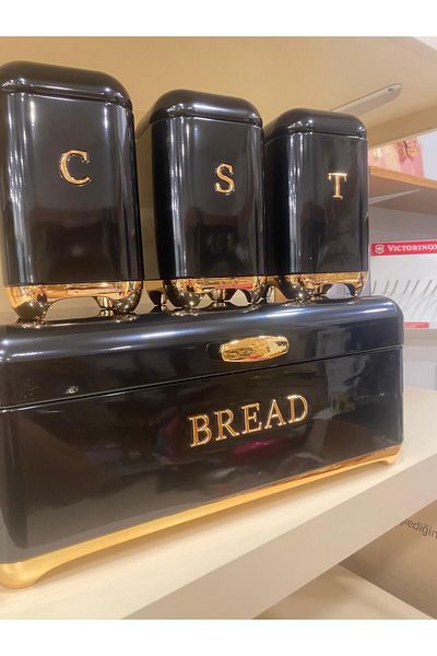 PLUS HOME 3-Piece Jar Set and Bread Box - Black Gold Metal