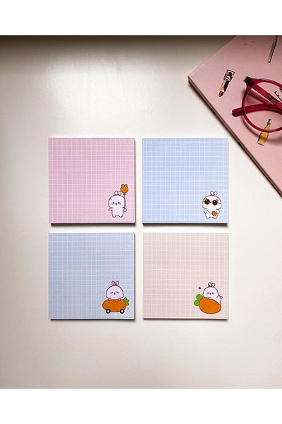 Pine Note Set of 4 Checkered Rabbit Patterned Kawaii Memopad, Notepad, Memo Pad, Notebook, Planner