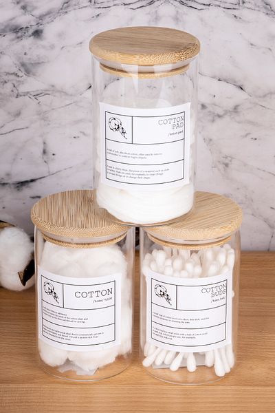 MODA OZY Capacitate 250 ml 3 bucăți din bumbac din bambus - Borcan de sticlă Organizator pentru baie cu etichete pentru urechi și machiaj