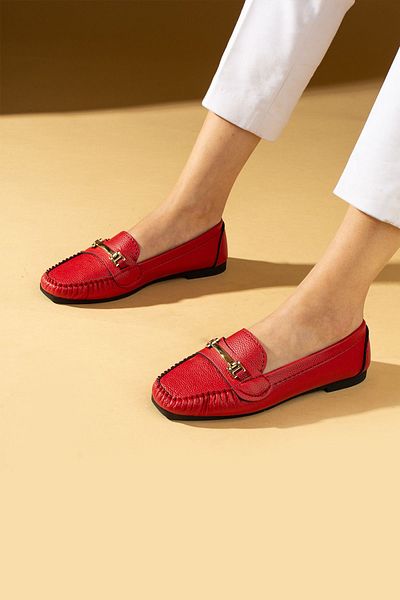 Pembe Potin Women's Ballerinas Red Buckle Lightweight Comfortable Sole Stylish Casual Shoes