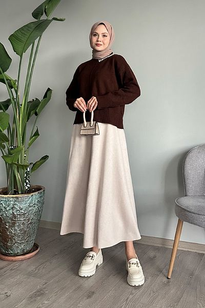 InStyle Pulover de tricotaj maro amar - Detaliu de piatră de scoici