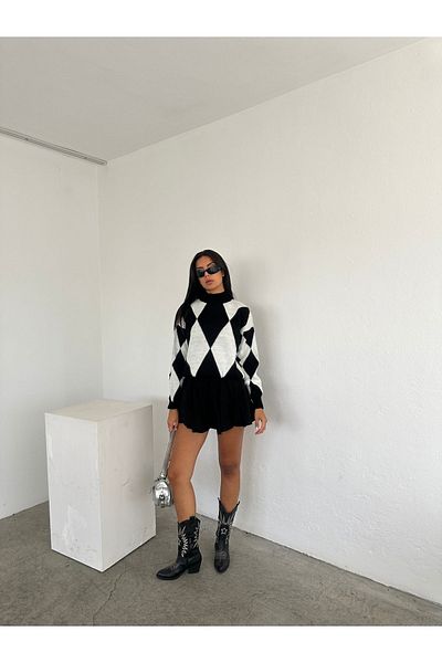 Brantu Pulover supradimensionat pentru femei, negru, alb, alb, cu model de diamante