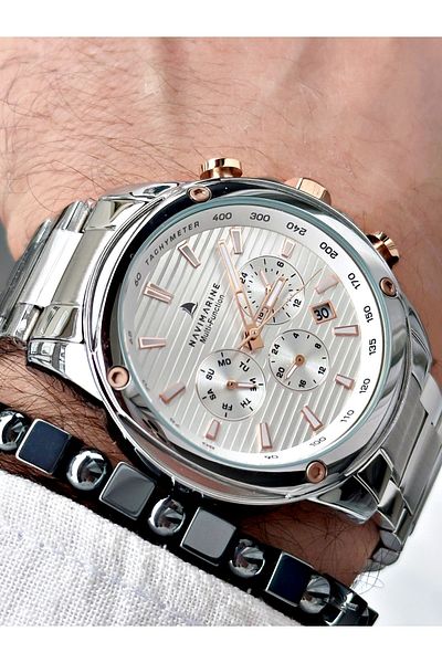 Navimarine Men's Silver Colored Steel Cord Wrist Watch and Bracelet Gift