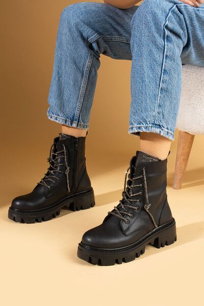 Pembe Potin Kadın Siyah Poli Taban Fermuarlı Taşlı Günlük Rahat Kalıp İçi Sıcak Astarlı Bot Postal