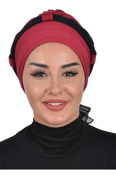 Ayşe Tasarım غطاء رأس من القطن الممشط بحزام من الشيفون باللون الأسود العنابي - B-24