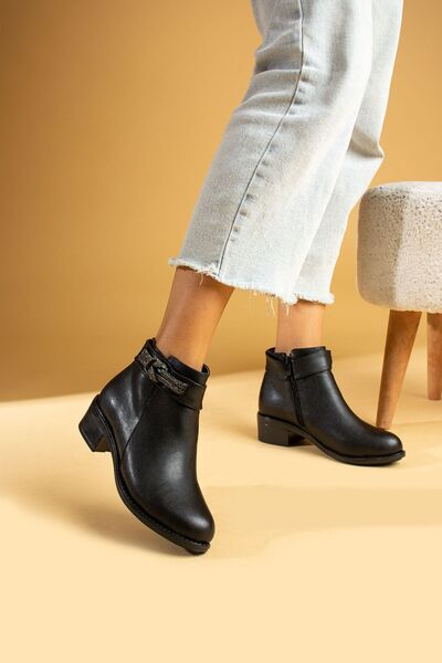 Pembe Potin Kadın Siyah Taşlı Poli Taban Fermuarlı Tokalı Günlük Rahat Kalıp İçi Sıcak Astarlı Bot