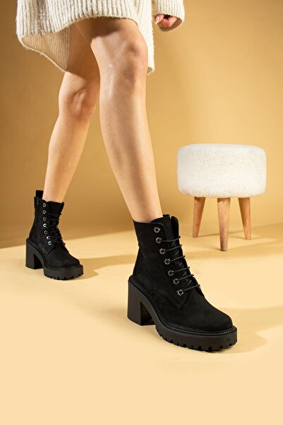 Pembe Potin Kadın Siyah Süet Poli Taban Rahat Kalıp Sıcak Astar Bağcıklı Topuklu Bot Postal