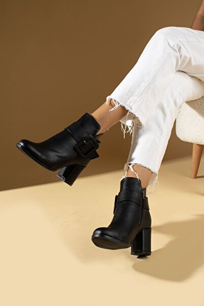 Pembe Potin Kadın Siyah Topuklu Fermuarlı Rahat Taban Günlük Kullanım Tokalı Klasik Bot