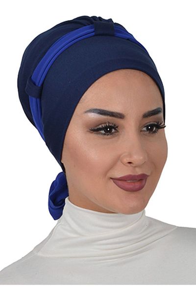 Ayşe Tasarım غطاء محرك السيارة من القطن الممشط باللون الأزرق الداكن مع حزام شيفون - B-24