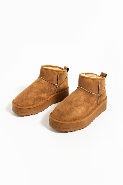 Pembe Potin Γυναικεία Mini Tan Nubuck Μποτάκια με Γούνινο Εσωτερικό Επίπεδο Χοντρό Άνετη Σόλα Γυναικεία Παπούτσια