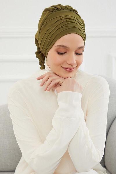 Aisha's Design عمامة جاهزة من الشيفون باللون الأخضر الكاكي - تصميم متقاطع، Ht-30