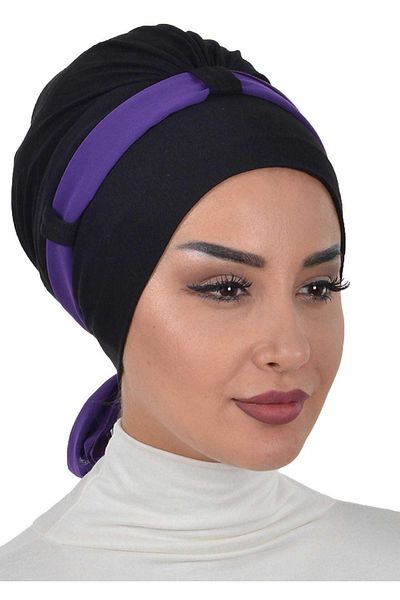 Ayşe Tasarım بونيه قطن ممشط بحزام شيفون - أسود وأرجواني، b-24