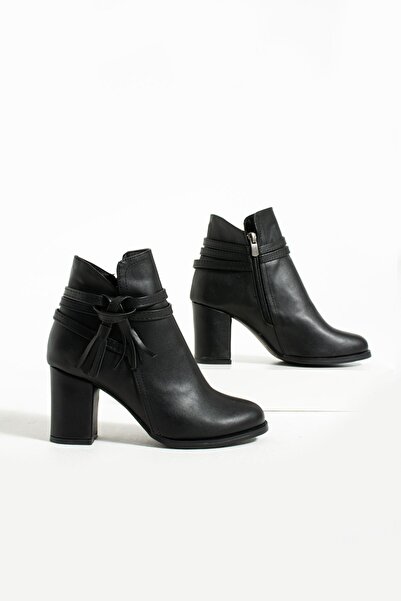 Pembe Potin Kadın Siyah Topuklu Fermuarlı Rahat Taban Günlük Kullanım Tokalı Klasik Bot