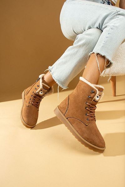 Pembe Potin Teddy Bear Teddy Bear Tan Suede Άνετη εφαρμογή Ζεστή επένδυση Μπότες Hashpapi με κορδόνια