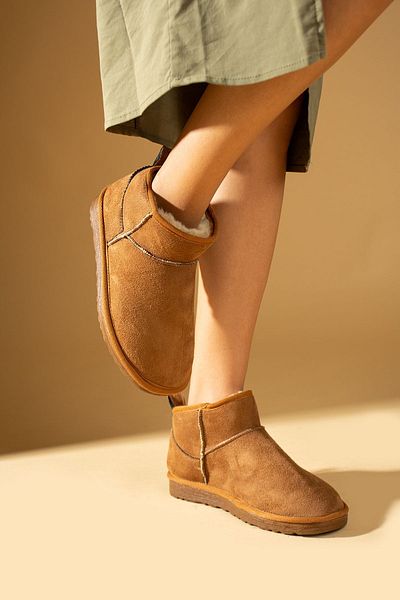 Pembe Potin Γυναικεία Mini Tan Nubuck Μποτάκια με Γούνινο Εσωτερικό Flat Άνετη Σόλα Γυναικεία Παπούτσια
