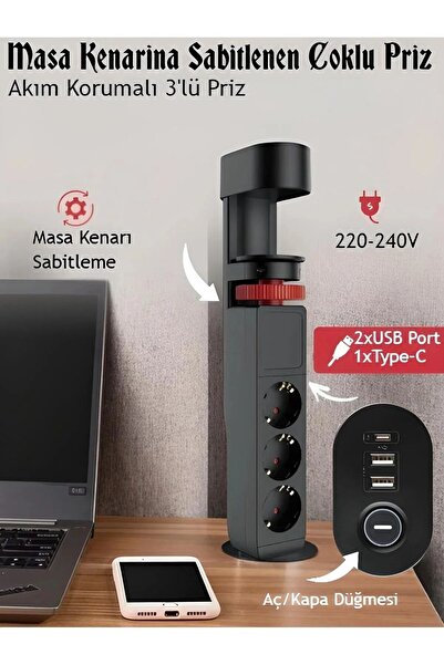 SMAYLİNG Akım Korumalı Priz Masa Kenarı Ayarlanabilir 3 Priz 2 Usb 1 Type C Girişli Priz 1.8 M U. Kablo