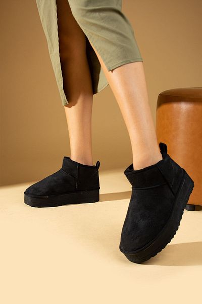 Pembe Potin Γυναικεία Μίνι Μαύρα Μποτάκια Nubuck με Γούνινο Εσωτερικό Επίπεδο Χοντρό Άνετη Σόλα Γυναικεία Παπούτσια