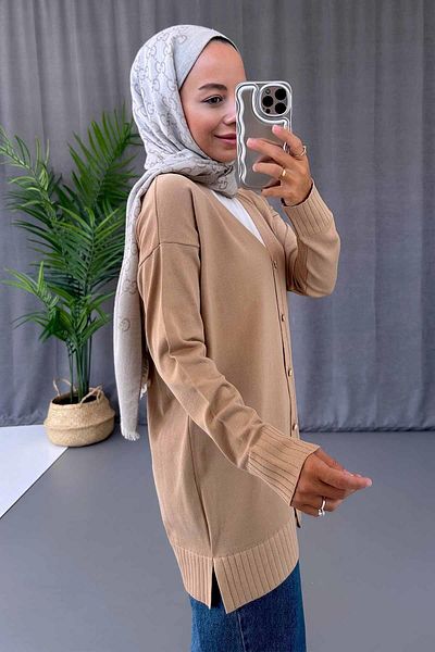 Ka Hijab Ζακέτα Mercerized Hijab με λαιμόκοψη V με σκίσιμο στο πλάι - Milk Coffee