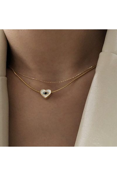 OK ROSES قلادة قلب بيضاء - سلسلة فولاذية ونمط عين