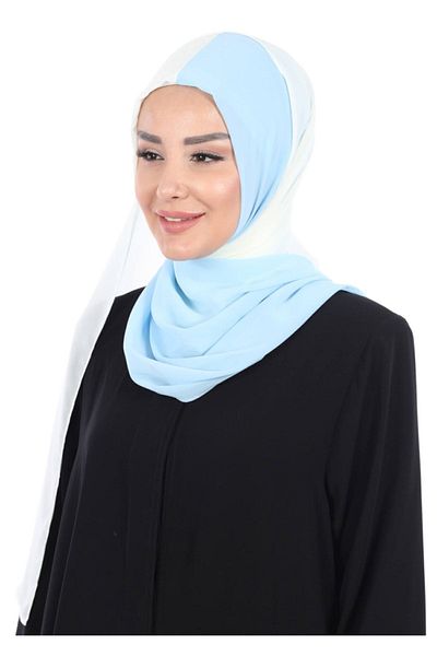 Ayşe Tasarım شال شيفون عملي مزدوج اللون، أزرق فاتح - كريمي، ps-102