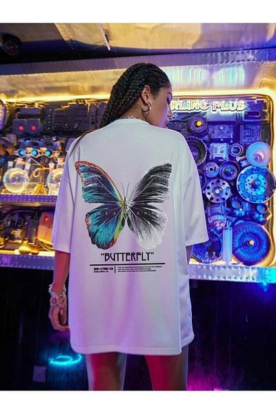 Trendseninle Γυναικείο μπλουζάκι White Butterfly μπροστά και πίσω με στάμπα Oversize