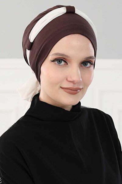 Ayşe Tasarım Chiffon Belted Combed Cotton Bonnet, Brown - Cream, B-24, Brown - Cream
