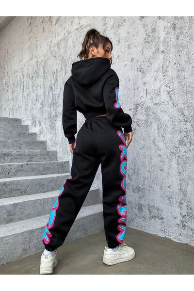 Trendseninle Női 3 szálas fekete Brooklyn nyomott oversize alsó felső Crop tréningruha szett