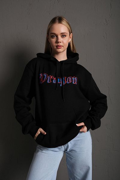 Trendseninle Women's Black Dragon Printed Hooded Oversize Sweatshirt with Dragon Lettering on the Front and Back
