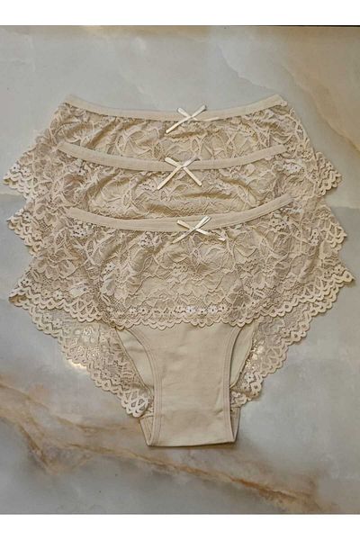 AVESŞENER Ψηλόμεση Δαντέλα Plus Size Χτενισμένο Βαμβακερό Σετ 3 τεμ