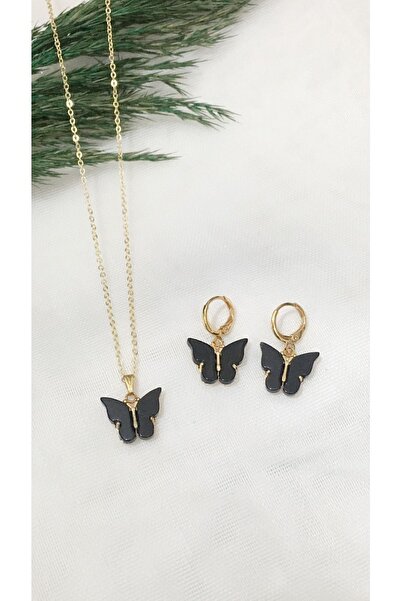 Gizemli Aksesuar مجموعة حلق قلادة الفراشة السوداء
