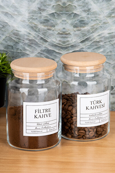 MODA OZY 2li 800ml Ahşap Kapaklı Filtre Kahve &Türk Kahvesi Kavanozu Vakumlu Saklama Kabı (Etiket Dahildir)