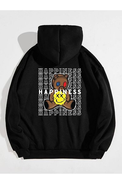 Trendseninle Unisex Μαύρο φούτερ Happiness με κουκούλα