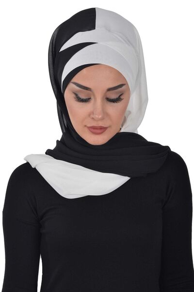 Aisha's Design Cross Stitch Double Color Practical Chiffon Shawl,Cps-84,Black - Off White,Cps-84,Black - Off White