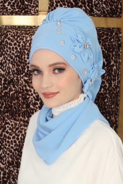 Ayşe Tasarım عمامة جاهزة من الشيفون بتصميم خاص مع إكسسوارات حجرية، أزرق فاتح،...