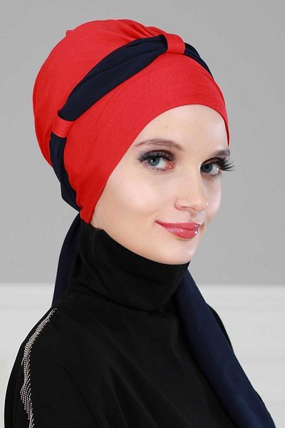 Ayşe Tasarım Red Navy Blue Chiffon Belted Combed Cotton Bonnet - B-24