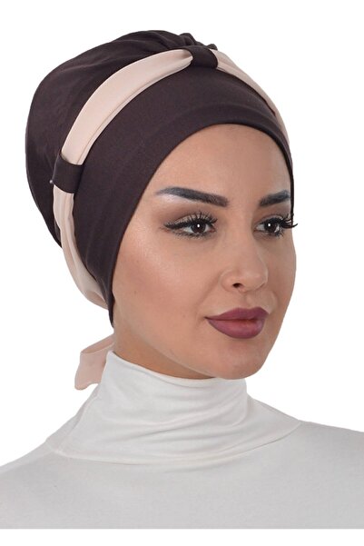 Ayşe Tasarım Chiffon Belted Combed Cotton Bonnet, Brown - Beige, B-24, Brown - Beige