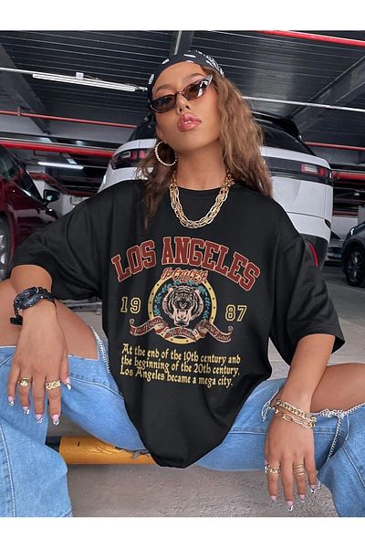 Trendseninle Schwarzes Los Angeles 1987 Tiger-T-Shirt für Damen