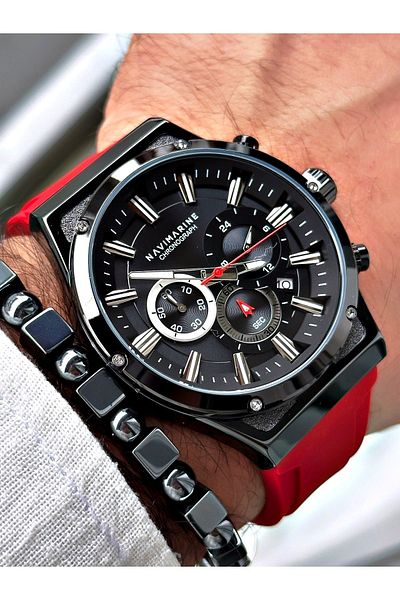 Navimarine Men's Wristwatch and Bracelet with Gift - Red Color, Silicone Cord, Metal Case