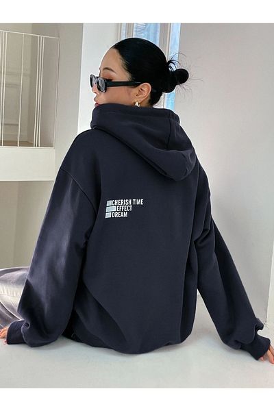 Trendseninle Γυναικείο φούτερ Navy Blue Cherish Time με στάμπα με κουκούλα