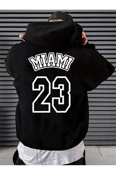 Trendseninle Унисекс черен суичър с качулка с щампи Miami 23