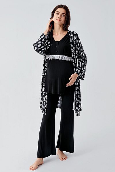 Artış Set pijamale de maternitate vâscoase flexibile - mâneci lungi, model din dantelă, rochie cu picior evazat cu nasturi