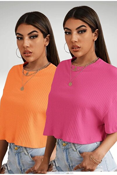 Trendseninle Rózsaszín narancssárga túlméretezett blúz és bordás derékblúz - 2db-os készlet