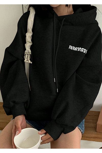 Trendseninle Μαύρο Inmodern Printed Oversize γυναικείο φούτερ με κουκούλα Hoodie