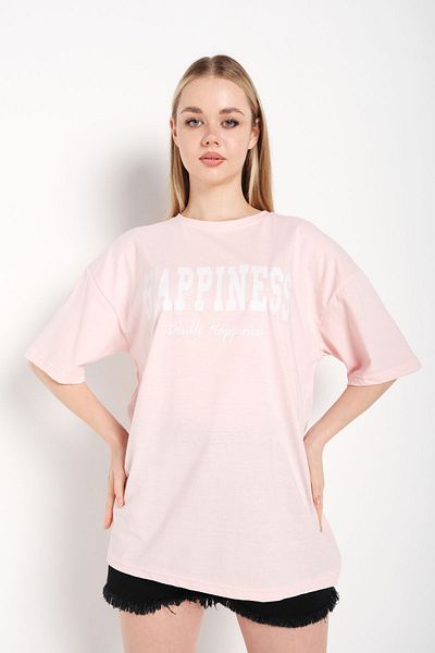 Trendseninle Γυναικείο μπλουζάκι σε σκόνη ροζ Happiness με στάμπα Oversize