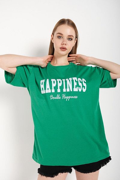 Trendseninle Tricou oversize cu imprimeu Green Happiness pentru damă