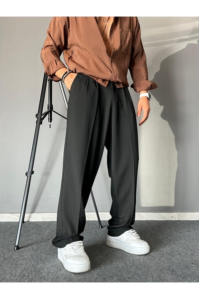 THEMANN Baggy Kalıp Pileli Boru Paçalı Siyah Pantolon