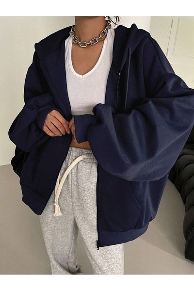 Trendseninle Marineblauer Damen-Cardigan mit Kapuze und detailliertem Reißverschluss