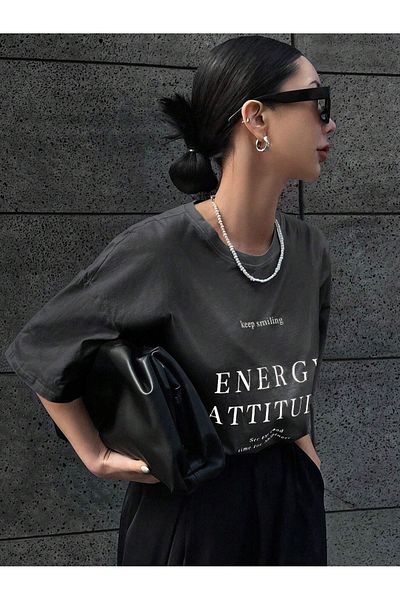 Trendseninle Γυναικείο μπλουζάκι Smoked Energy Attitude Printed Oversize