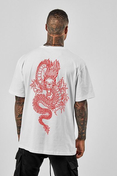 Trendseninle Λευκό μπλουζάκι Unisex Oversize Dragon Printed