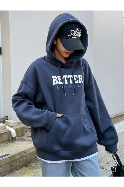 Trendseninle Γυναικείο φούτερ Navy Blue Better με στάμπα oversize